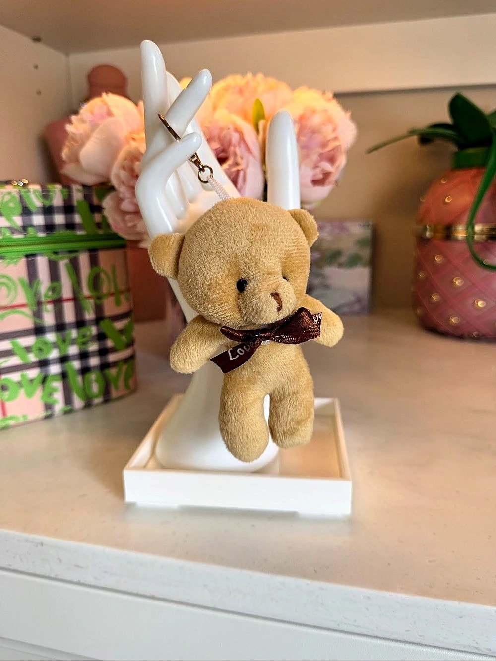 Plush Bear Keychain Bag Charm w bow tie in soft light Brown